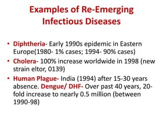 Examples of Re-Emerging
Infectious Diseases
• Diphtheria- Early 1990s epidemic in Eastern
Europe(1980- 1% cases; 1994- 90% cases)
• Cholera- 100% increase worldwide in 1998 (new
strain eltor, 0139)
• Human Plague- India (1994) after 15-30 years
absence. Dengue/ DHF- Over past 40 years, 20-
fold increase to nearly 0.5 million (between
1990-98)