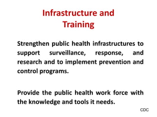 Strengthen public health infrastructures to
support surveillance, response, and
research and to implement prevention and
control programs.
Provide the public health work force with
the knowledge and tools it needs.
Infrastructure and
Training
CDC