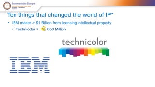 Ten things that changed the world of IP* 
• IBM makes > $1 Billion from licensing intellectual property 
• Technicolor > 650 Million 
 