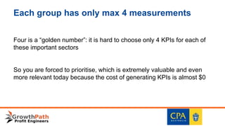 Each group has only max 4 measurements
Four is a “golden number”: it is hard to choose only 4 KPIs for each of
these important sectors
So you are forced to prioritise, which is extremely valuable and even
more relevant today because the cost of generating KPIs is almost $0
 