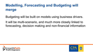 Modelling, Forecasting and Budgeting will
merge
Budgeting will be built on models using business drivers.
It will be multi-scenario, and much more closely linked to
forecasting, decision making and non-financial information
 