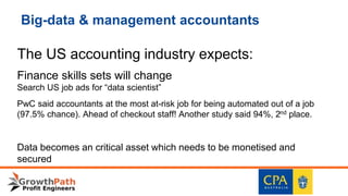 Big-data & management accountants
The US accounting industry expects:
Finance skills sets will change
Search US job ads for “data scientist”
PwC said accountants at the most at-risk job for being automated out of a job
(97.5% chance). Ahead of checkout staff! Another study said 94%, 2nd place.
Data becomes an critical asset which needs to be monetised and
secured
 