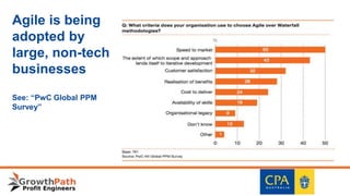 Agile is being
adopted by
large, non-tech
businesses
See: “PwC Global PPM
Survey”
 