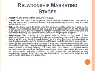 RELATIONSHIP MARKETING
STAGES
 Attraction: The brand and the consumer lock eyes.
 Connection: The brand pulls it together, plays it cool and speaks to the consumer in a
way that pique's the consumer's interest. The consumer's heart skips a beat and they
want to learn more.
 Dating: The brand wants to get to know the consumer a little better, so it asks for the
consumer's information. It asks if it can reach out. If the consumer says no, the brand has
to go back to step 2 and re-establish a stronger connection first. The consumer takes the
brand more seriously as a potential partner, but is still weighing out its options.
 Relationship: The consumer and the brand make it official! In this level of their
relationship, there is an equal give-and-take, but it must always be equal. If the consumer
doesn't want to give, then the brand shouldn't try and take. The brand should go back to
step 3 and continue to court the consumer until they're ready for something more serious.
 Marriage: The consumer and the brand are in a life-long, committed relationship and they
live happily ever after... almost. Marriages are hard work and revolve around effective
communication – primarily listening. The brand must put in the work to achieve eternal
happiness with the consumer. The consumer will discover its pet peeves with the brand
(too many emails, not paying attention to their preferences, not listening to their
complaints). However, if the brand can take feedback and improve for the better, this will
be the most fruitful stage of a relationship.
 