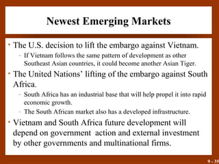 9 - 35
Newest Emerging Markets
• The U.S. decision to lift the embargo against Vietnam.
- If Vietnam follows the same pattern of development as other
Southeast Asian countries, it could become another Asian Tiger.
• The United Nations’ lifting of the embargo against South
Africa.
- South Africa has an industrial base that will help propel it into rapid
economic growth.
- The South African market also has a developed infrastructure.
• Vietnam and South Africa future development will
depend on government action and external investment
by other governments and multinational firms.
 