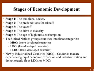 9 - 6
Stages of Economic Development
• Stage 1: The traditional society
• Stage 2: The preconditions for takeoff
• Stage 3: The takeoff
• Stage 4: The drive to maturity
• Stage 5: The age of high mass consumption
• The United Nations groups countries into three categories:
- MDCs (more-developed countries)
- LDCs (less-developed countries)
- LLDCs (least-developed countries)
• Newly Industrialized Countries (NICs) - Countries that are
experiencing rapid economic expansion and industrialization and
do not exactly fit as LDCs or MDCs
 