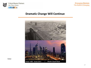 Critical Mission Partners
Get There Faster
17
Dramatic Change Will Continue
Emerging Markets
The World is Changing
Dubai
 