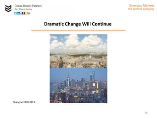 Critical Mission Partners
Get There Faster
18
Dramatic Change Will Continue
Emerging Markets
The World is Changing
Shanghai 1990-2013
 