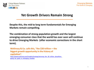 Yet Growth Drivers Remain Strong
Critical Mission Partners
Get There Faster
5
Despite this, the mid to long term fundamentals for Emerging
Markets remain compelling.
The combination of strong population growth and the largest
emerging consumer class that the world has ever seen will continue
to drive Emerging Markets (after economic corrections in the short
term).
McKinsey & Co. calls this, “the $30 trillion — the
biggest growth opportunity in the history of
capitalism”.
http://www.mckinsey.com/insights/strategy/winning_the_30_trillion_decathlon_
going_for_gold_in_emerging_markets
Emerging Markets
The World is Changing
 
