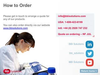 How to Order
Please get in touch to arrange a quote for
any of our products.
You can also order directly via our website
www.bbisolutions.com
info@bbisolutions.com
USA: 1-800-423-8199
Intl: +44 (0) 2920 747 232
Quote on ordering – NF JUL
BBI Solutions
bbi_solutions
BBI Solutions
Return home >
 