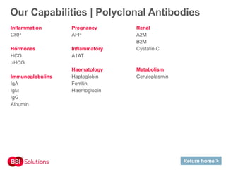 Our Capabilities | Polyclonal Antibodies
Inflammation Pregnancy Renal
CRP AFP A2M
B2M
Hormones Inflammatory Cystatin C
HCG A1AT
αHCG
Haematology Metabolism
Immunoglobulins Haptoglobin Ceruloplasmin
IgA Ferritin
IgM Haemoglobin
IgG
Albumin
Return home >
 