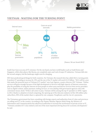 VIETNAM - WAITING FOR THE TURNING POINT

                                                 Users on social
       Internet users                                                                  Mobile penetration
                                                   networks




                        30m
                        users

           34%                               8%                 86%                          139%
           Internet                             of              of online
           penetration                 population               population

                                                                                   [Source: We are Social 2012]



South East Asia is an area of IT extremes. On the one hand, you have world leaders such as South Korea and
Singapore, while other places, like Burma, are completely open and void of major IT industries. Vietnam falls into
the second category, but the landscape might soon be changing.

IDC have predicted good things for both countries. For Vietnam, the research firm has called 2012 a turning point.
It predicts IT spending to increase by 19% and the size of the IT market will reach $3.25 billion. “2012 will be a year
that marks the powerful move of Vietnam ICT market,” says Lam Nguyen, country director, IDC Vietnam. “Online
services will grow strongly because of the high development of devices with high capacity of Internet connection,
plus the possibility of using the Internet of most people in urban areas and diverse services from service providers
such as digital content, online payment, trading services, or even dealing with government agencies only with
convenient mouse clicks.” If this is all comes to pass, Vietnam will be among the top IT spenders in APAC region
in 2012, thanks to adoption of cloud computing, the opening up of the telecoms industry (of the 100 million-plus
subscribers, 90% of the market share is captured by one company, Vinaphone), and the rise of e-payments.

The Vietnamese government has been consulting with foreign experts and authorities from 63 cities and provinces
on rolling out ICT to the country. According to the Deputy Minister Nguyen Minh Hong, the Ministry of
Information and Communications has asked local authorities to increase the involvement of private sector in IT.
“Vietnam considers ICT a key industry and one of the most important driving forces for economic development,”
he said.




                                                                                                                          7
 