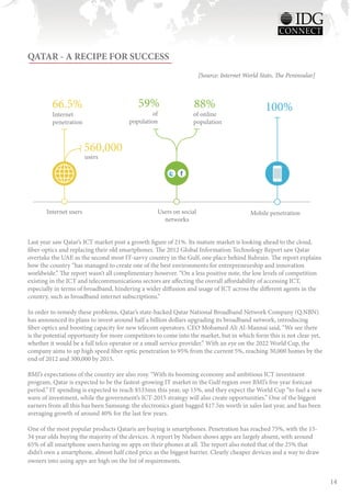 QATAR - A RECIPE FOR SUCCESS
                                                                    [Source: Internet World Stats, The Peninsular]



         66.5%                             59%                   88%                          100%
         Internet                               of              of online
         penetration                   population               population



                        560,000
                        users




       Internet users                             Users on social                       Mobile penetration
                                                    networks


Last year saw Qatar’s ICT market post a growth figure of 21%. Its mature market is looking ahead to the cloud,
fiber-optics and replacing their old smartphones. The 2012 Global Information Technology Report saw Qatar
overtake the UAE as the second most IT-savvy country in the Gulf, one place behind Bahrain. The report explains
how the country “has managed to create one of the best environments for entrepreneurship and innovation
worldwide.” The report wasn’t all complimentary however. “On a less positive note, the low levels of competition
existing in the ICT and telecommunications sectors are affecting the overall affordability of accessing ICT,
especially in terms of broadband, hindering a wider diffusion and usage of ICT across the different agents in the
country, such as broadband internet subscriptions.”

In order to remedy these problems, Qatar’s state-backed Qatar National Broadband Network Company (Q.NBN)
has announced its plans to invest around half a billion dollars upgrading its broadband network, introducing
fiber-optics and boosting capacity for new telecom operators. CEO Mohamed Ali Al-Mannai said, “We see there
is the potential opportunity for more competitors to come into the market, but in which form this is not clear yet,
whether it would be a full telco operator or a small service provider.” With an eye on the 2022 World Cup, the
company aims to up high speed fiber optic penetration to 95% from the current 5%, reaching 30,000 homes by the
end of 2012 and 300,000 by 2015.

BMI’s expectations of the country are also rosy. “With its booming economy and ambitious ICT investment
program, Qatar is expected to be the fastest-growing IT market in the Gulf region over BMI’s five year forecast
period.” IT spending is expected to reach $533mn this year, up 15%, and they expect the World Cup “to fuel a new
wave of investment, while the government’s ICT-2015 strategy will also create opportunities.” One of the biggest
earners from all this has been Samsung; the electronics giant bagged $17.5m worth in sales last year, and has been
averaging growth of around 40% for the last few years.

One of the most popular products Qataris are buying is smartphones. Penetration has reached 75%, with the 15-
34 year olds buying the majority of the devices. A report by Nielsen shows apps are largely absent, with around
65% of all smartphone users having no apps on their phones at all. The report also noted that of the 25% that
didn’t own a smartphone, almost half cited price as the biggest barrier. Clearly cheaper devices and a way to draw
owners into using apps are high on the list of requirements.


                                                                                                                      14
 