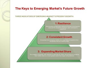 The Keys to Emerging Market’s Future Growth

THREE INDICATORS OF EMERGING-MARKET’S PRESENT GROWTH:



                                                          1: Resilience
                                         Multi-f aceted growers have withstood the test of the f inancial
                                             crisis and the economic downturn---and continued to
                                                                  outperf orm




                                          2: Consistent Growth
                               Companies f rom emerging markets are outgrowing competitors f rom
                                               developed ones at a startling pace




                           3: Expanding Market Share
             The smallest companies, with revenues of less than $1 billion, are growing by increasing
                    their market share to a much greater extent than larger companies are.
 