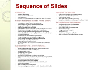 Sequence of Slides
◦   Stages of Development                                                      ◦   Five Pillars of Innovation and Innovation Outputs
◦   Controversial Income Thresholds                                            ◦   The Need for a New Set of Competencies
◦   Two Observations                                                           ◦   Five Challenges Ahead
◦   Financial and economic hotspots around the world, 2010 and Q1 2011         ◦   Three Shifts in the Competitive Landscape
                                                                               ◦   How to Consolidate Economic Gains and Arrest Social Unrest

◦   Three Keys and Twelve Pillars of Competitiveness
◦   Three indicators of Emerging Market‘s Present Growth                       ◦   Entrepreneurial Strength and Potential Role
◦   Emerging-Market‘s Growth Projections                                       ◦   Two Required Initiatives
◦   Emerging-Market‘s Growth Advantage                                         ◦   Cycle of Nine Social and Economic Evils
◦   Half of $55 Billion Will Come From Asia Pacific Over the Next Five Years   ◦   Window of Opportunity
◦   Global Wealth and Emerging-Market‘s Pace o Wealth Growth                   ◦   Emerging Business Philosophy
◦   Emerging-Market Credit Metrics and Macroeconomic Management                ◦   The Only Way out
◦   Balance Sheet Effects and Currency Depreciations are less of a Concern     ◦   Creation of an Entrepreneurial Platform
◦   World Government Debt                                                      ◦   Need for Drawing of Human and Natural Flow Maps
◦   Global Distribution of Global Net Government Debt
◦   Foreign Exchange Reserves Held by Emerging Markets
◦   Foreign Assets, Liabilities and Current Account Imbalance
◦   Nine Areas of Business Regulation Reforms
◦   Measuring Reforms Around the World
◦   Who Made Starting a Business Easier in 2009-10 and What Did
    They do?


◦   Annual Wealth Growth Rates by Country , 2000-09 and 2010-2011
◦   Economist Intelligence Unit‘s Growth Engines
◦   Global Distribution of GDP
◦   Global Middle Class Spending
◦   World Wealth Levels 2011
◦   Dollarization of Opportunities in Emerging-Market Cities
◦   Six Imperatives for Capturing Opportunity presented by Emerging Market
    Cities
◦   Nine Areas of Business Regulation Reforms
◦   General Perceptions and Ground Realities
◦   Highlights of the concerns (?) before the Boom Bubble Bursts!
◦   Why China is Important?
◦   Measuring Reforms Around the World
◦   Who made starting a Business Easier in 2009-10 and What Did They Do?
 