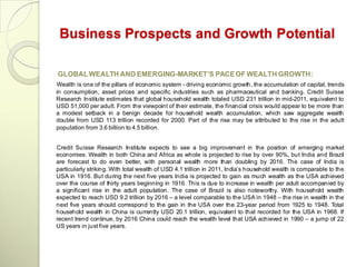 Business Prospects and Growth Potential

GLOBAL WEALTH AND EMERGING-MARKET’S PACE OF WEALTH GROWTH:
Wealth is one of the pillars of economic system - driving economic growth, the accumulation of capital, trends
in consumption, asset prices and specific industries such as pharmaceutical and banking. Credit Suisse
Research Institute estimates that global household wealth totaled USD 231 trillion in mid-2011, equivalent to
USD 51,000 per adult. From the viewpoint of their estimate, the financial crisis would appear to be more than
a modest setback in a benign decade for household wealth accumulation, which saw aggregate wealth
double from USD 113 trillion recorded for 2000. Part of the rise may be attributed to the rise in the adult
population from 3.6 billion to 4.5 billion.


Credit Suisse Research Institute expects to see a big improvement in the position of emerging market
economies. Wealth in both China and Africa as whole is projected to rise by over 90%, but India and Brazil
are forecast to do even better, with personal wealth more than doubling by 2016. The case of India is
particularly striking. With total wealth of USD 4.1 trillion in 2011, India‘s household wealth is comparable to the
USA in 1916. But during the next five years India is projected to gain as much wealth as the USA achieved
over the course of thirty years beginning in 1916. This is due to increase in wealth per adult accompanied by
a significant rise in the adult population. The case of Brazil is also noteworthy. With household wealth
expected to reach USD 9.2 trillion by 2016 – a level comparable to the USA in 1948 – the rise in wealth in the
next five years should correspond to the gain in the USA over the 23-year period from 1925 to 1948. Total
household wealth in China is currently USD 20.1 trillion, equivalent to that recorded for the USA in 1968. If
recent trend continue, by 2016 China could reach the wealth level that USA achieved in 1990 – a jump of 22
US years in just five years.
 