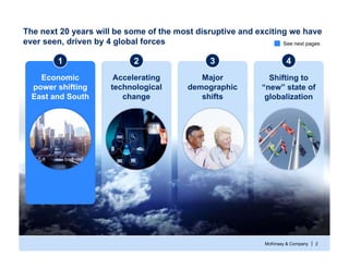 McKinsey & Company 2|
The next 20 years will be some of the most disruptive and exciting we have
ever seen, driven by 4 global forces
3
Major
demographic
shifts
1
Economic
power shifting
East and South
4
Shifting to
“new” state of
globalization
2
Accelerating
technological
change
See next pages
 