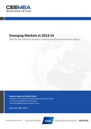 Emerging Markets in 2013-14
Will the soft patch for business continue and should companies worry?
Special report by Nenad Pacek
President and Founder, GSA Global Success Advisors GmbH
Co-Founder, CEEMEA Business Group
nenad.pacek@globalsuccessadvisors.eu
January 10th 2013
 
