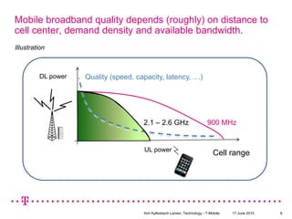 Mobile broadband quality depends (roughly) on distance to cell center, demand density and available bandwidth.  IllustrationDL powerQuality (speed, capacity, latency, …)2.1 – 2.6 GHz900 MHzUL powerCell range17 June 2010Kim Kyllesbech Larsen, Technology - T-Mobile.6