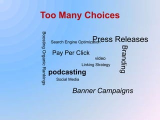 Too Many ChoicesBoosting Organic RankingsPress ReleasesSearch Engine OptimizationBrandingPay Per ClickvideoLinking StrategypodcastingSocial MediaBanner Campaigns