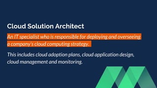 Cloud Solution Architect
An IT specialist who is responsible for deploying and overseeing
a company’s cloud computing stra...