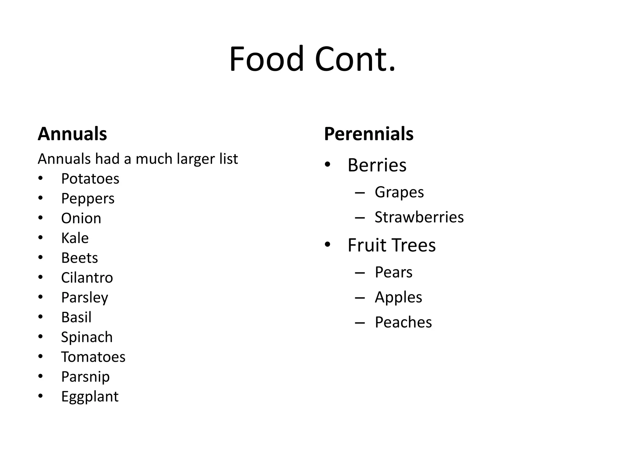 Food Cont.
Annuals
Annuals had a much larger list
• Potatoes
• Peppers
• Onion
• Kale
• Beets
• Cilantro
• Parsley
• Basil
• Spinach
• Tomatoes
• Parsnip
• Eggplant
Perennials
• Berries
– Grapes
– Strawberries
• Fruit Trees
– Pears
– Apples
– Peaches
 