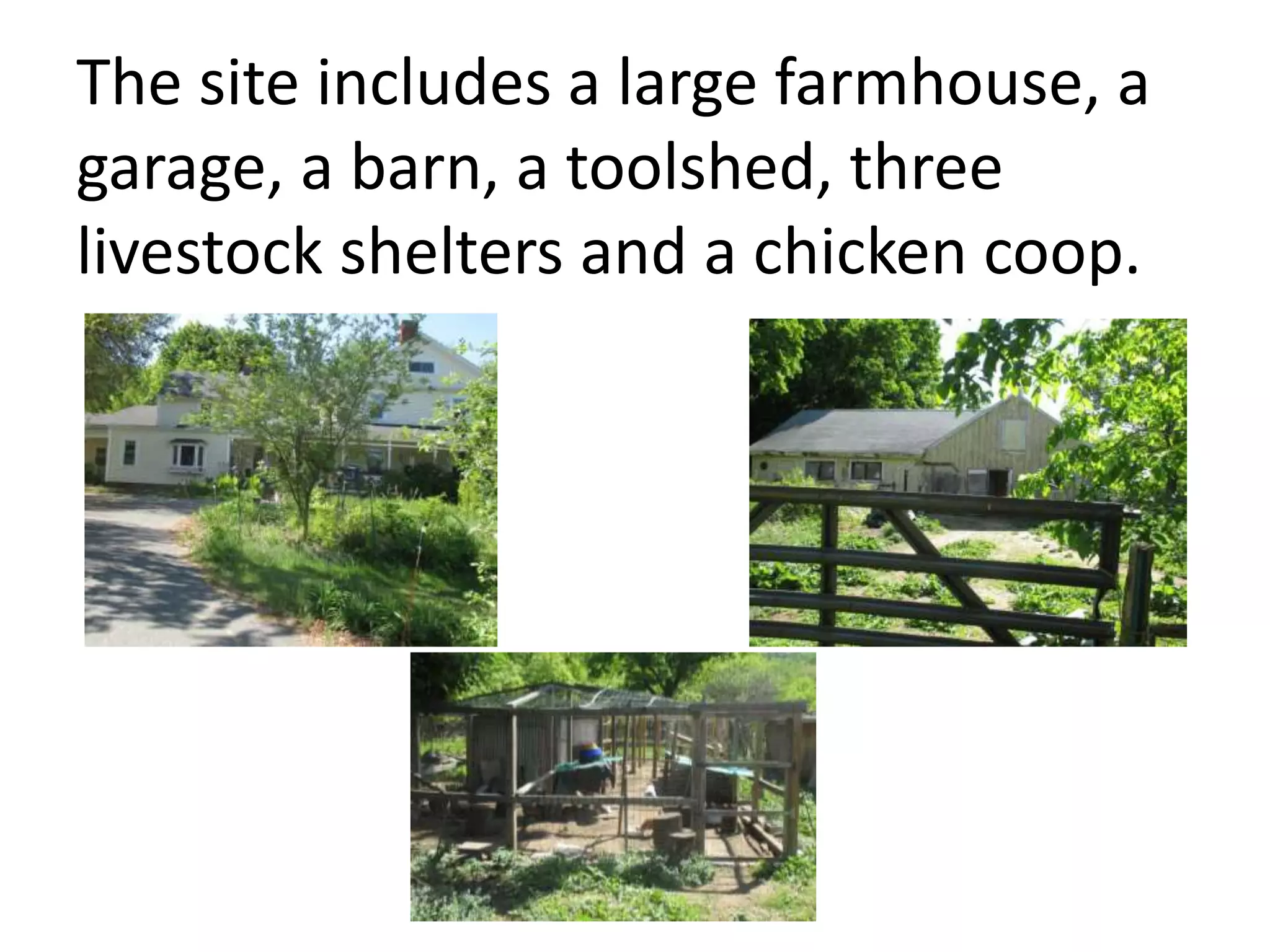 The site includes a large farmhouse, a
garage, a barn, a toolshed, three
livestock shelters and a chicken coop.
 
