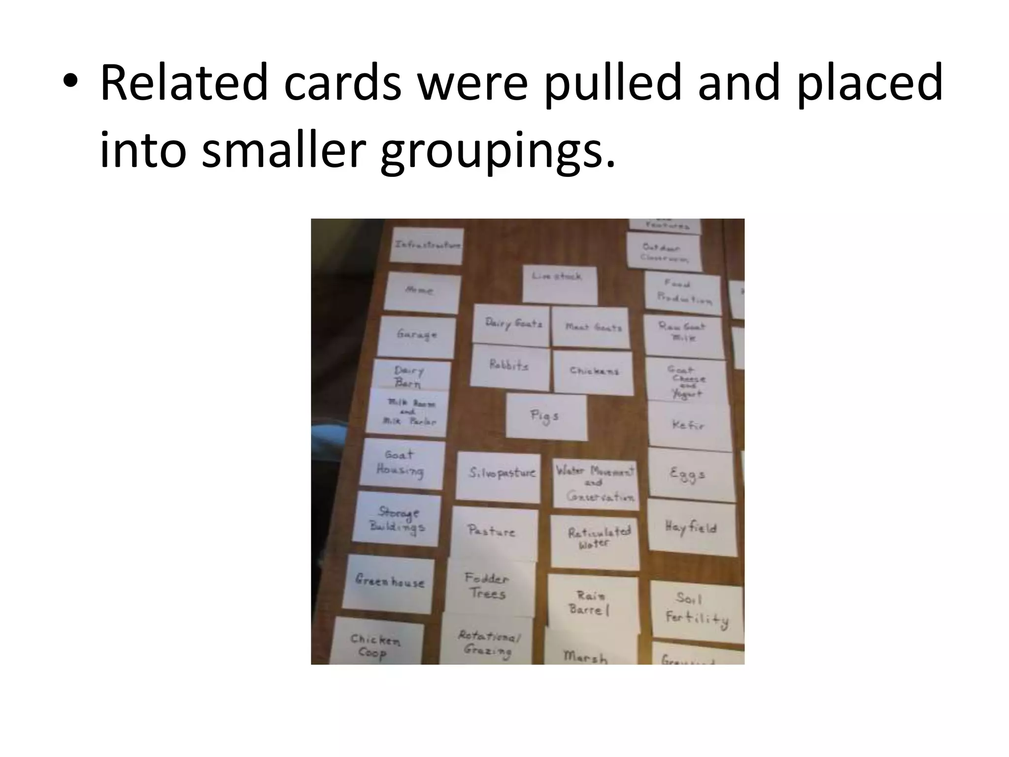 • Related cards were pulled and placed
into smaller groupings.
 