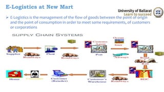 E-Logistics at New Mart 
 E-Logistics is the management of the flow of goods between the point of origin 
and the point of consumption in order to meet some requirements, of customers 
or corporations 
 