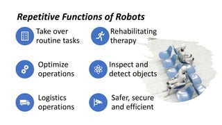 Repetitive Functions of Robots
Take over
routine tasks
Rehabilitating
therapy
Optimize
operations
Inspect and
detect objects
Logistics
operations
Safer, secure
and efficient
 