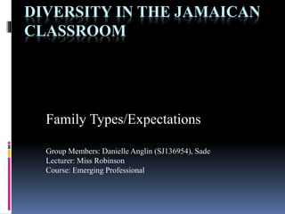 DIVERSITY IN THE JAMAICAN
CLASSROOM
Family Types/Expectations
Group Members: Danielle Anglin (SJ136954), Sade
Lecturer: Miss Robinson
Course: Emerging Professional
 