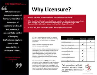 Why Licensure? ,[object Object],[object Object],[object Object], In a world where credentials matter and design is the new currency, I find the answer by considering the question “WHY LICENSURE” as a business proposition.   What is my initial investment? My return? Will this increase marketability?   I believe licensure adds unmistakable value and is an investment in  your future  whether you as an EP are entering traditional or non-traditional practice. Design is self-evident to us, but not to everyone. Licensure validates to others that you are:  an esteemed professional, committed to a cause and results oriented.   AIA components must be  BOLD  players within architecture schools to guide Emerging Professionals to formulate their opinions of licensure as students. Additionally, AIA members must stay engaged with those seeking and finding alternative careers. The EP statement to the right speaks volumes to the value of AIA and resulting connectivity of our members.   “ My connections with AIA members led me to a new job after being downsized.” Anonymous EP  The Question...... ,[object Object],[object Object],[object Object],  LICENSURE POSITIVES NEGATIVES Initial Investment   Long Term Investment   Short Term Time Commitment   Increases Credentials    Broadens Skills   Broadens Marketability   Increases Opportunities 2012-13 AIA VP Candidate 