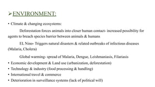 ENVIRONMENT:
• Climate & changing ecosystems:
Deforestation forces animals into closer human contact- increased possibility for
agents to breach species barrier between animals & humans
EL Nino- Triggers natural disasters & related outbreaks of infectious diseases
(Malaria, Cholera)
Global warming- spread of Malaria, Dengue, Leishmaniasis, Filariasis
• Economic development & Land use (urbanization, deforestation)
• Technology & industry (food processing & handling)
• International travel & commerce
• Deterioration in surveillance systems (lack of political will)
 