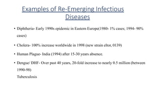 Examples of Re-Emerging Infectious
Diseases
• Diphtheria- Early 1990s epidemic in Eastern Europe(1980- 1% cases; 1994- 90%
cases)
• Cholera- 100% increase worldwide in 1998 (new strain eltor, 0139)
• Human Plague- India (1994) after 15-30 years absence.
• Dengue/ DHF- Over past 40 years, 20-fold increase to nearly 0.5 million (between
1990-98)
Tuberculosis
 