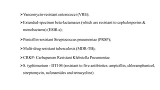 Vancomycin-resistant enterococci (VRE);
Extended-spectrum beta-lactamases (which are resistant to cephalosporins &
monobactams) (ESBLs);
Penicillin-resistant Streptococcus pneumoniae (PRSP);
Multi-drug resistant tuberculosis (MDR-TB);
CRKP- Carbapenem Resistant Klebsiella Pneumoniae
S. typhimurium - DT104 (resistant to five antibiotics: ampicillin, chloramphenicol,
streptomycin, sufonamides and tetracycline)
 