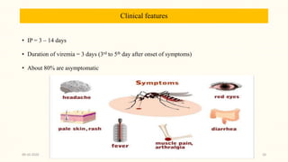 Clinical features
• IP = 3 – 14 days
• Duration of viremia = 3 days (3rd to 5th day after onset of symptoms)
• About 80% are asymptomatic
09-10-2020 20
 