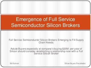 Emergence of Full Service
Semiconductor Silicon Brokers
Full Service Semiconductor Silicon Brokers Emerging to Fill Supply
Chain Needs.
Astute Buyers especially at company's buying $20M per year of
Silicon should consider establishing a relationship now with a Full
Service Silicon Broker

Bill Kohnen

Silicon Buyers Roundtable

 