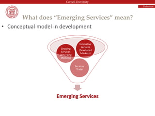 What does “Emerging Services” mean?
• Conceptual model in development
Emerging Services
Services
Trade
Growing
Services
(Emerging
Markets)
Innovative
Services
(Developed
Markets)
Definition
 