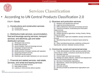 Services Classification
• According to UN Central Products Classification 2.0
0 to 4 - Goods
5 - Constructions and construction services
53 - Constructions
54 - Construction services
6 - Distributive trade services; accommodation,
food and beverage serving services; transport
services; and electricity, gas and water
distribution services
61 - Wholesale trade services
62 - Retail trade services
63 - Accommodation, food and beverage services
64 - Passenger transport services
65 - Freight transport services
66 - Rental services of transport vehicles with operators
67 - Supporting transport services
68 - Postal and courier services
69 - Electricity, gas and water distribution (on own account)
7 - Financial and related services; real estate
services; and rental and leasing services
71 - Financial and related services
72 - Real estate services
73 - Leasing or rental services without operator
8 - Business and production services
81 - Research and development services
82 - Legal and accounting services
83 - Other professional, technical and business services
84 - Telecommunications, broadcasting and information
supply services
85 - Support services
86 - Support services to agriculture, hunting, forestry, fishing,
mining and utilities
87 - Maintenance, repair and installation (except construction)
services
88 - Manufacturing services on physical inputs owned by
others
89 - Other manufacturing services; publishing, printing and
reproduction services; materials recovery services
9 - Community, social and personal services
91 - Public administration and other services provided to the
community as a whole; compulsory social security services
92 - Education services
93 - Human health and social care services
94 - Sewage and waste collection, treatment and disposal and
other environmental protection services
95 - Services of membership organizations
96 - Recreational, cultural and sporting services
97 - Other services
98 - Domestic services
99 - Services provided by extraterritorial organizations and
bodies
Source:
http://unstats.un.org/unsd/cr/registry/regcst.asp?Cl=25 accessed Feb. 9, 2015
Definition
 