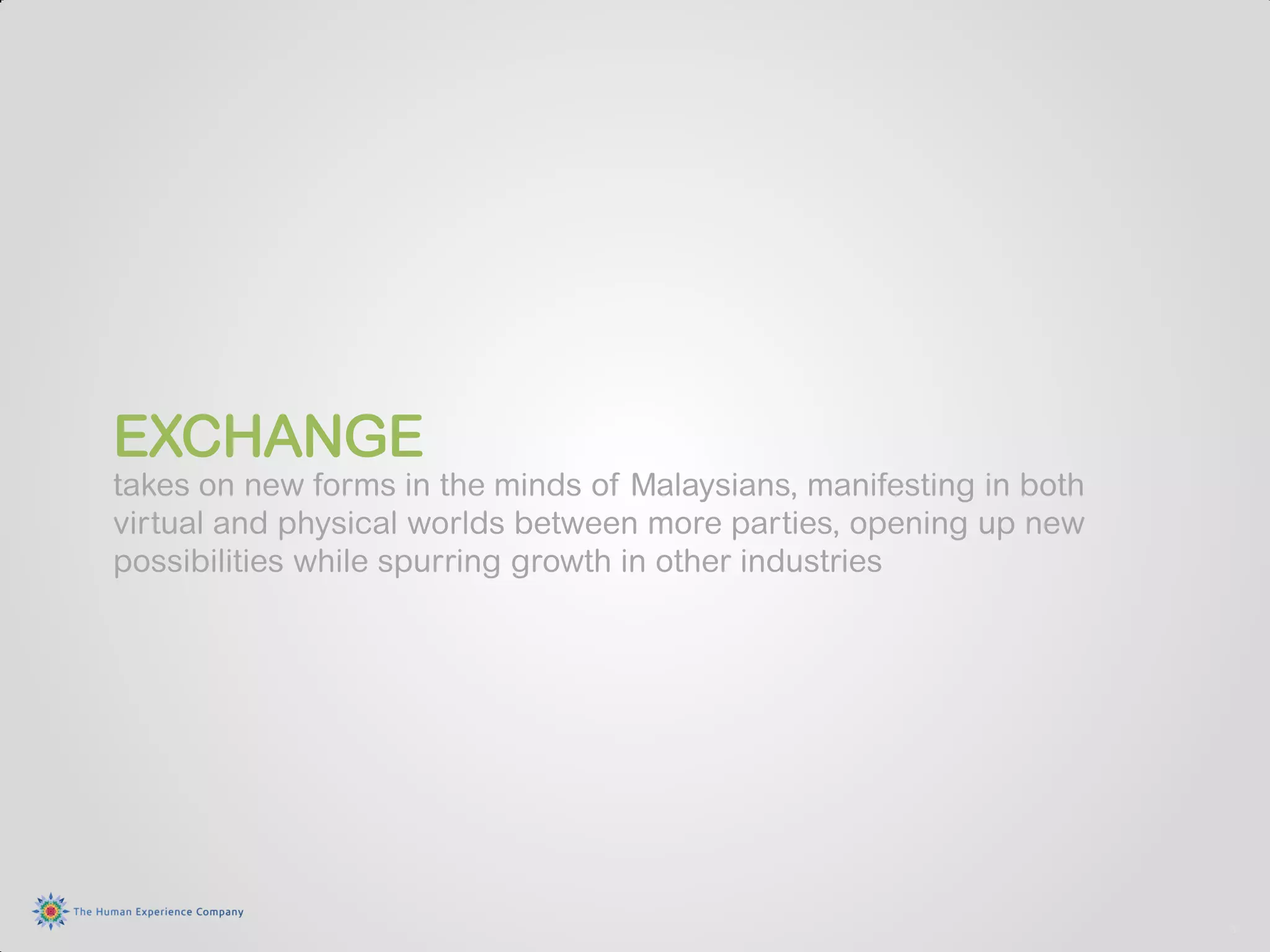 EXCHANGE
takes on new forms in the minds of Malaysians, manifesting in both
virtual and physical worlds between more parties, opening up new
possibilities while spurring growth in other industries




                                                                     3
 