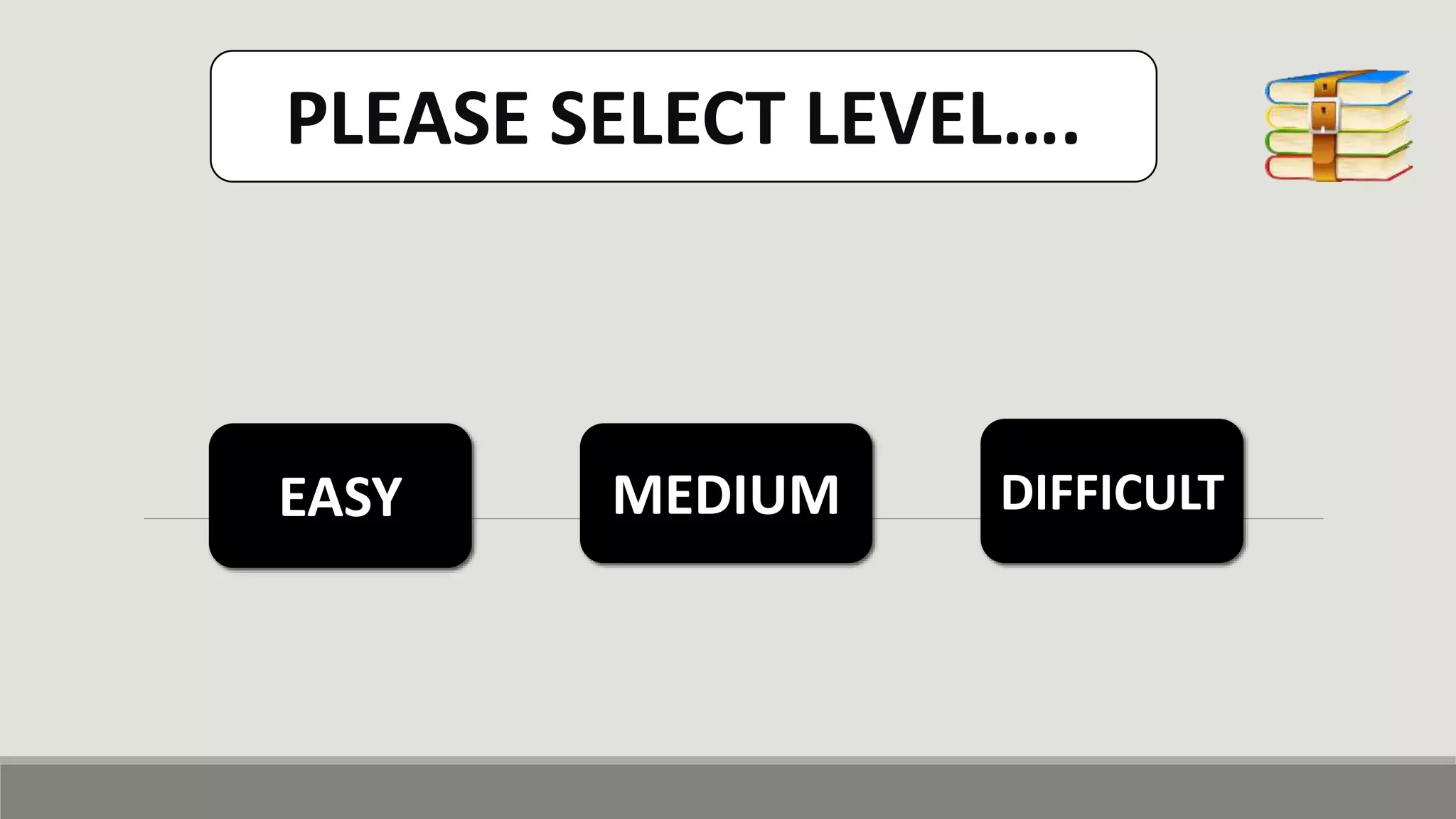 PLEASE SELECT LEVEL….
EASY MEDIUM DIFFICULT
 