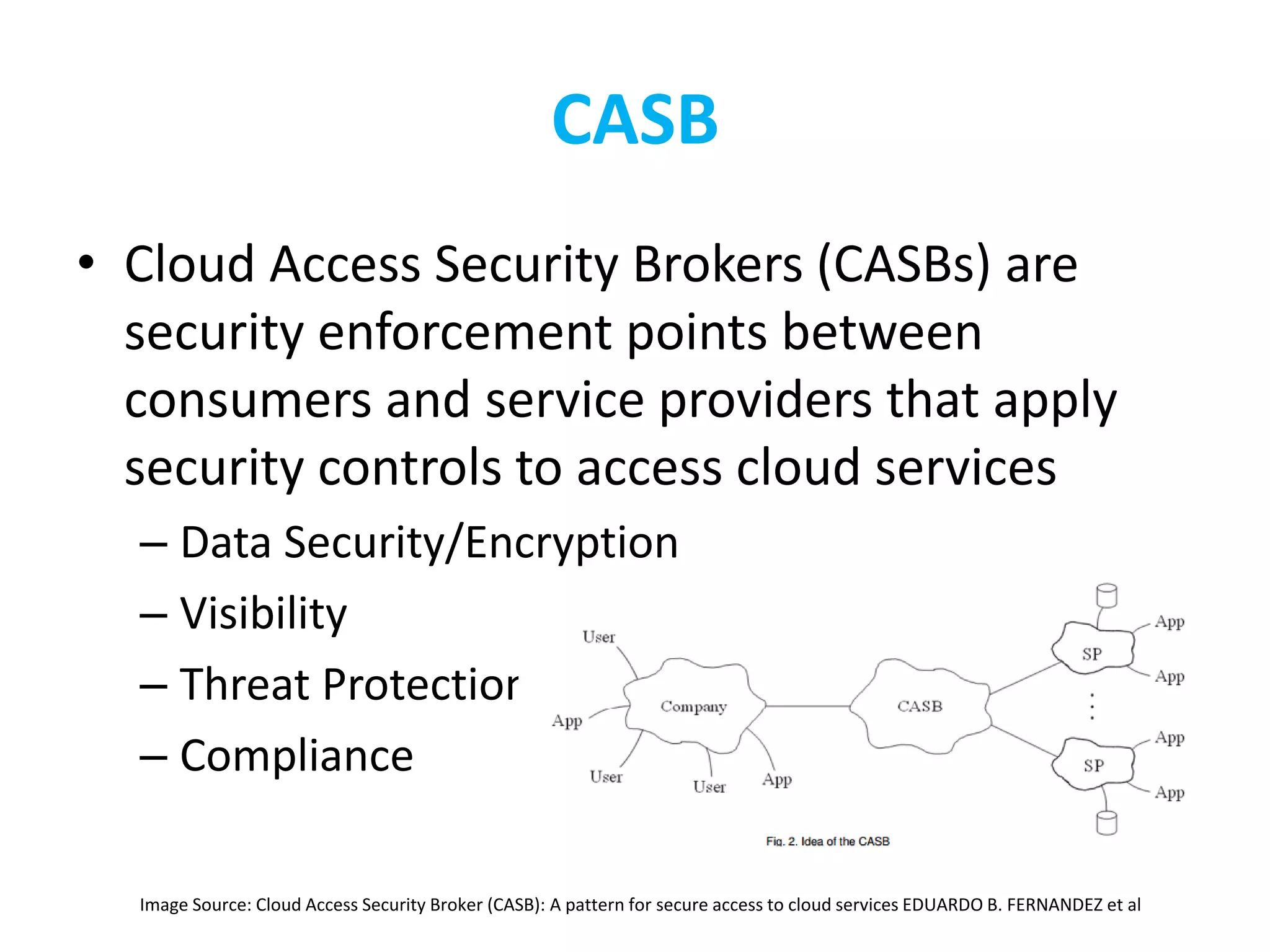 CASB
• Cloud Access Security Brokers (CASBs) are
security enforcement points between
consumers and service providers that apply
security controls to access cloud services
– Data Security/Encryption
– Visibility
– Threat Protection
– Compliance
Image Source: Cloud Access Security Broker (CASB): A pattern for secure access to cloud services EDUARDO B. FERNANDEZ et al
 
