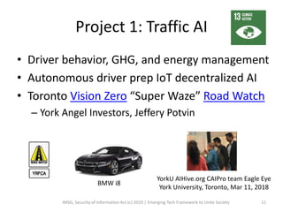 Project 1: Traffic AI
• Driver behavior, GHG, and energy management
• Autonomous driver prep IoT decentralized AI
• Toronto Vision Zero “Super Waze” Road Watch
– York Angel Investors, Jeffery Potvin
IMSG, Security of Information Act (c) 2019 | Emerging Tech Framework to Unite Society 11
BMW i8
YorkU AIHive.org CAIPro team Eagle Eye
York University, Toronto, Mar 11, 2018
 