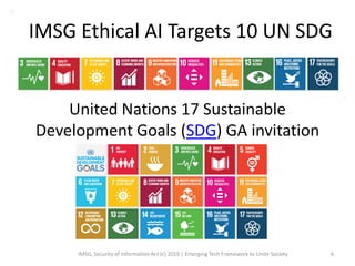 United Nations 17 Sustainable
Development Goals (SDG) GA invitation
IMSG, Security of Information Act (c) 2019 | Emerging Tech Framework to Unite Society 6
IMSG Ethical AI Targets 10 UN SDG
B
 