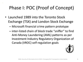 Phase I: POC (Proof of Concept)
• Launched 1989 into the Toronto Stock
Exchange (TSX) and London Stock Exchange
– Microsoft financial crime pattern prototype
– inter-listed chain of block trade “sniffer” to find
Anti-Money Laundering (AML) patterns as per
Investment Industry Regulatory Organization of
Canada (IIROC) self-regulation goals
IMSG, Security of Information Act (c) 2019 | Emerging Tech Framework to Unite Society 8
C
 