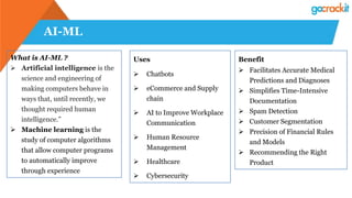 AI-ML
What is AI-ML ?
 Artificial intelligence is the
science and engineering of
making computers behave in
ways that, until recently, we
thought required human
intelligence.”
 Machine learning is the
study of computer algorithms
that allow computer programs
to automatically improve
through experience
Uses
 Chatbots
 eCommerce and Supply
chain
 AI to Improve Workplace
Communication
 Human Resource
Management
 Healthcare
 Cybersecurity
Benefit
 Facilitates Accurate Medical
Predictions and Diagnoses
 Simplifies Time-Intensive
Documentation
 Spam Detection
 Customer Segmentation
 Precision of Financial Rules
and Models
 Recommending the Right
Product
 