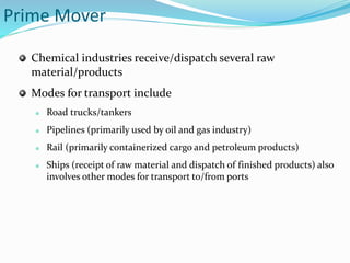 Prime Mover
Chemical industries receive/dispatch several raw
material/products
Modes for transport include
 Road trucks/tankers
 Pipelines (primarily used by oil and gas industry)
 Rail (primarily containerized cargo and petroleum products)
 Ships (receipt of raw material and dispatch of finished products) also
involves other modes for transport to/from ports
 