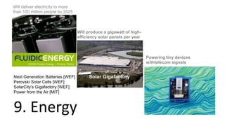 9. Energy
Next Generation Batteries [WEF]
Perovski Solar Cells [WEF]
SolarCity’s Gigafactory [WEF]
Power from the Air [MIT]
Will produce a gigawatt of high-
efficiency solar panels per year
Will deliver electricity to more
than 100 million people by 2025
Powering tiny devices
withtelecom signals
 