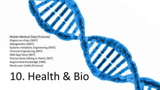 10. Health & Bio
Mobile Medical Data [Fortune]
Organs-on-chips [WEF]
Optogenetics [WEF]
Systems metabolic Engineering [WEF]
Immune Engineering [MIT]
DNA App Store [MIT]
Precise Gene Editing in Plants [MIT]
Augmented Knowledge [HBR]
Nerds over Cattle [Fortune]
 