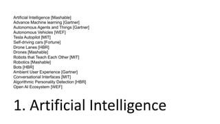 1. Artificial Intelligence
Artificial Intelligence [Mashable]
Advance Machine learning [Gartner]
Autonomous Agents and Things [Gartner]
Autonomous Vehicles [WEF]
Tesla Autopilot [MIT]
Self-driving cars [Fortune]
Drone Lanes [HBR]
Drones [Mashable]
Robots that Teach Each Other [MIT]
Robotics [Mashable]
Bots [HBR]
Ambient User Experience [Gartner]
Conversational Interfaces [MIT]
Algorithmic Personality Detection [HBR]
Open AI Ecosystem [WEF]
 